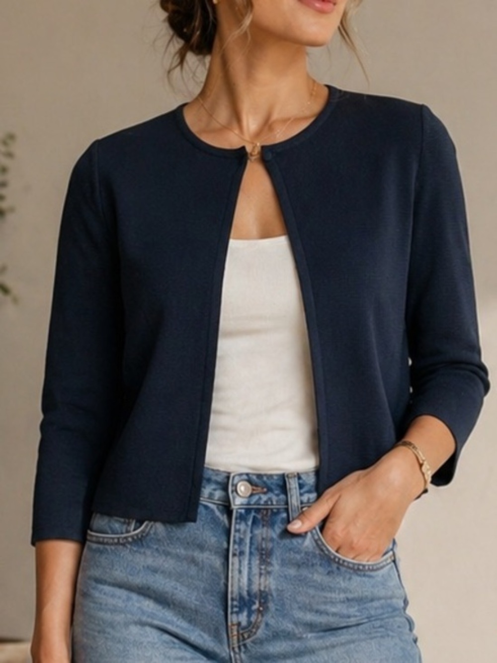 MaxMara Navy Knit Button Collar Open Front 3/4 Sleeve Cardigan Back Pleated S